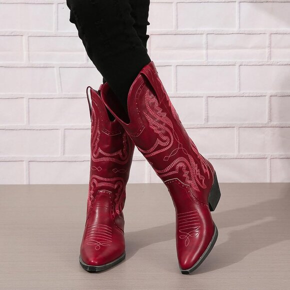 Women's Cowboy Boots Mid Calf Western Embroidered Chunky Heel Cowgirl Boots - Picture 5 of 5